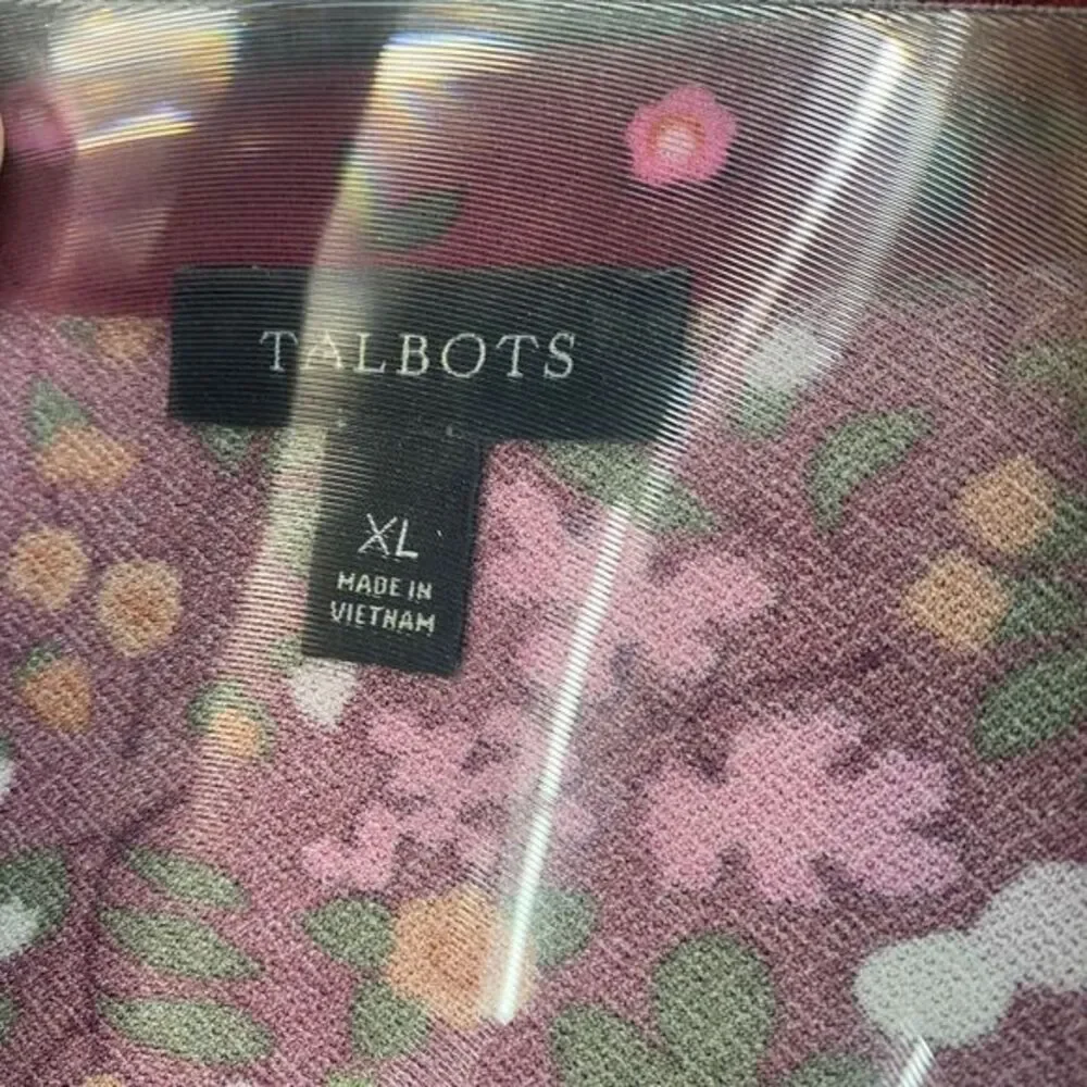 Talbots XL‎ Floral Belted Dress Burgundy Button Stretchy Cottagecore Liquid Knit - Picture 7 of 8